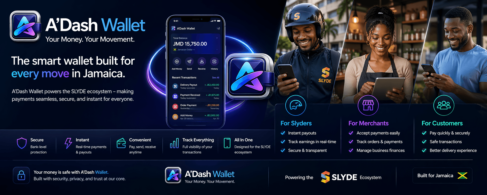 A'dash Wallet banner showing benefits for merchants, Slyders, and customers.
