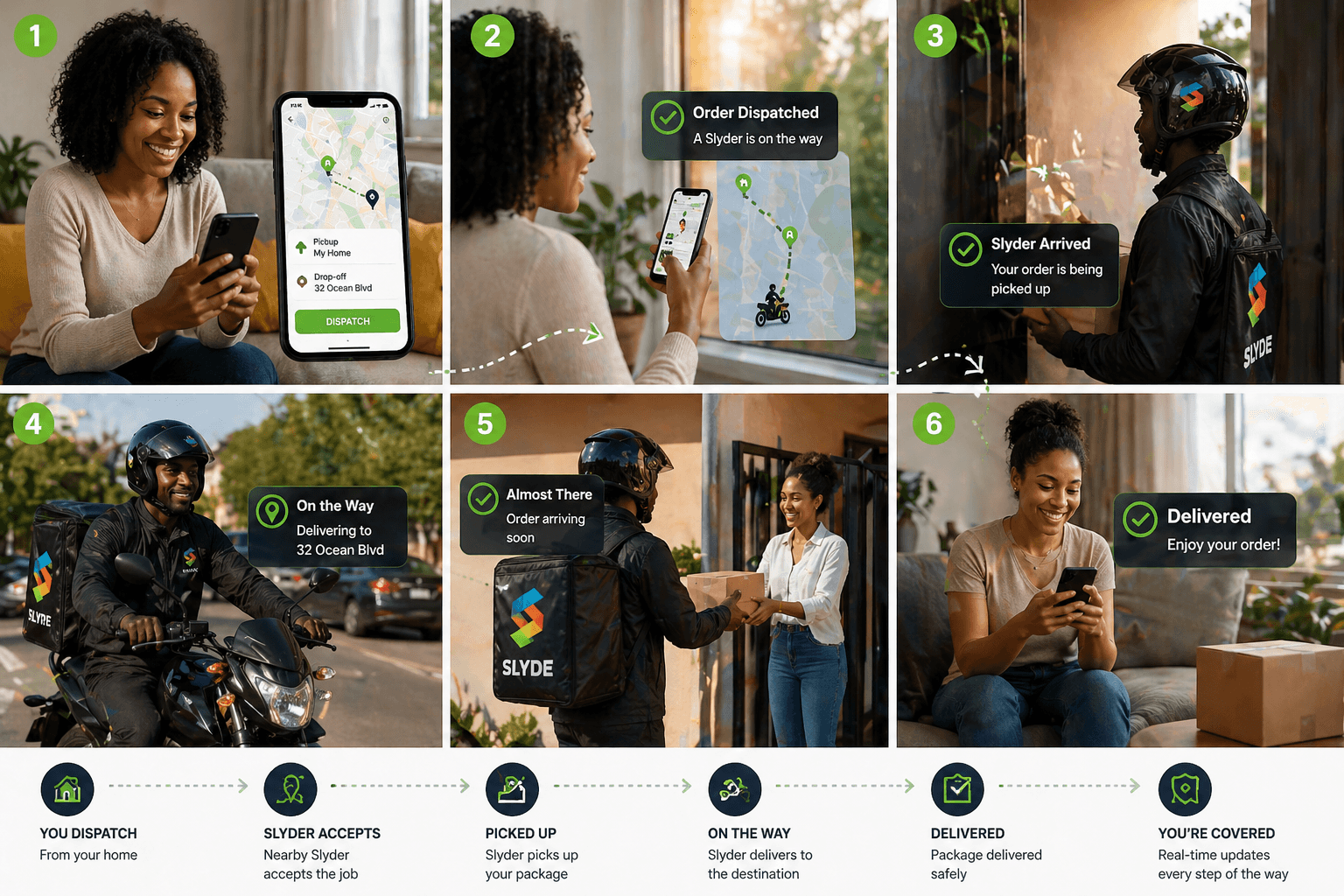 Six-step delivery journey: Order Dispatched, Slyder Accepts, Picked Up, On the Way, Almost There, Delivered