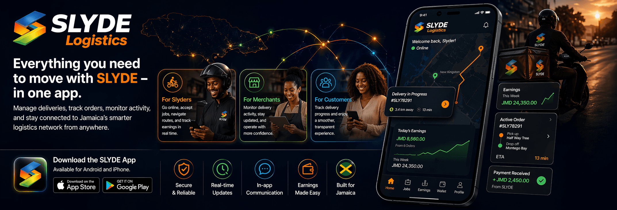 SLYDE Logistics app banner showing delivery tracking, earnings, customer updates, and merchant operations in one app