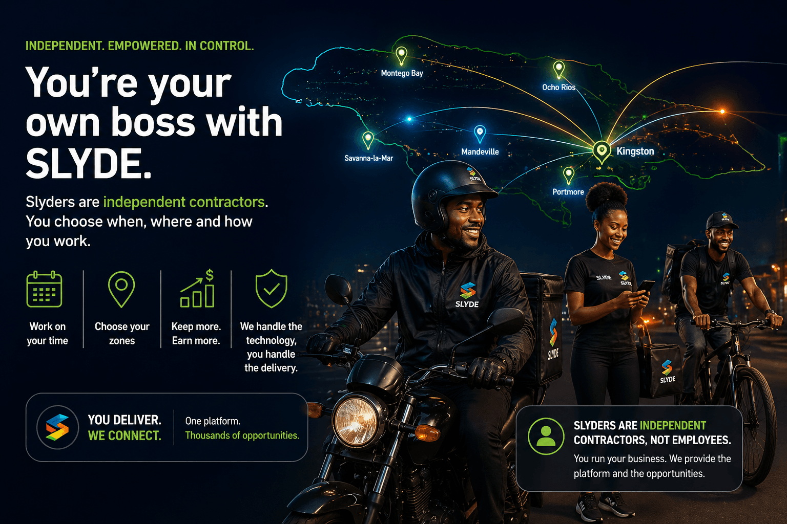SLYDE independent contractor Slyders choosing their own time, zones, and delivery opportunities across Jamaica