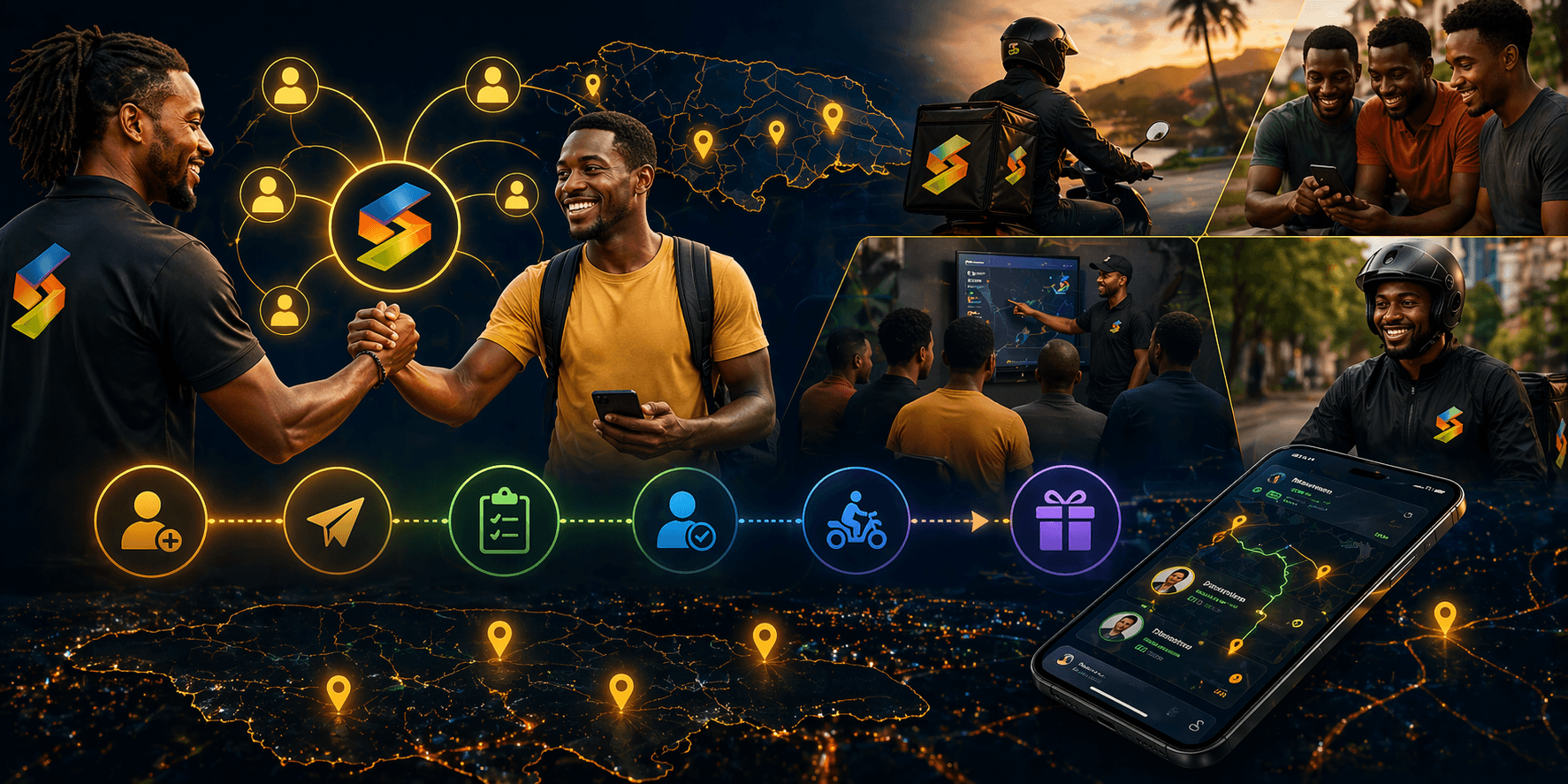 SLYDE referral network banner showing community growth, courier onboarding, and referral rewards across Jamaica.